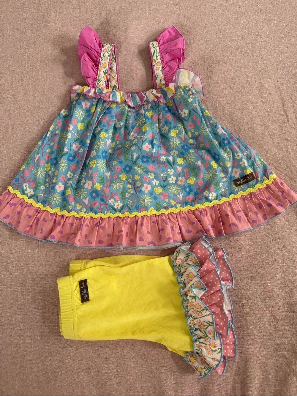 Matilda Jane shorties set, golden glow ruffle shorts, bluebell tunic top